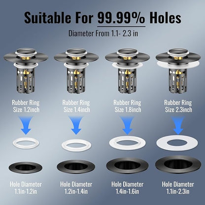 (2 Pc) Bathroom Sink Stopper-All Metal Sink Stopper-Universal Fit 99% Bathroom Stopper with Removable Stainless Steel Hair Catcher- Basin (1.1'' to 2.36'' inch) - Black