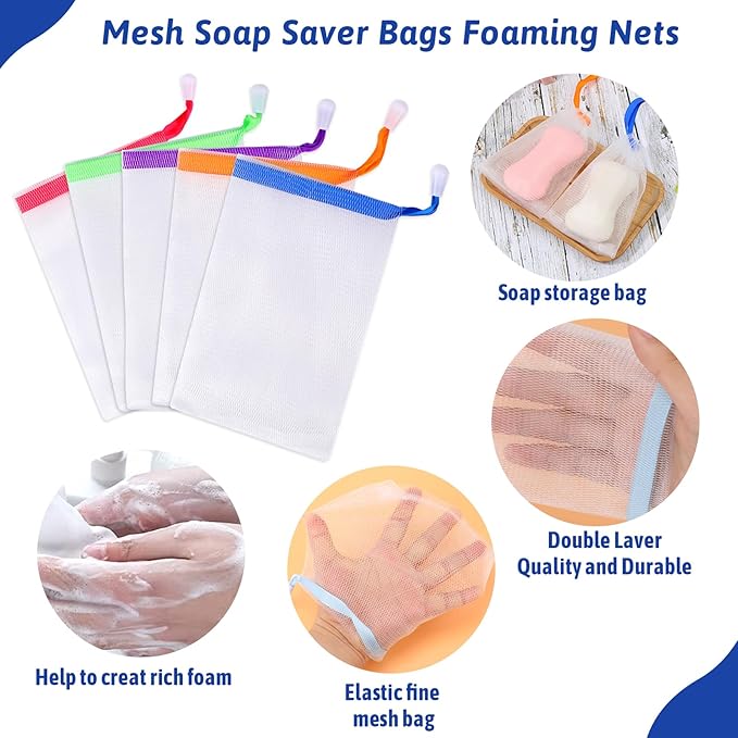 Mozeat Lens 5 PCS Soap Bags Handmade Soap Bubble Mesh Bags Exfoliating Soaps Saver Pouch Net Bag with Drawstring Body Facial Cleaning Tool for Bath & Shower (Assorted Colors)