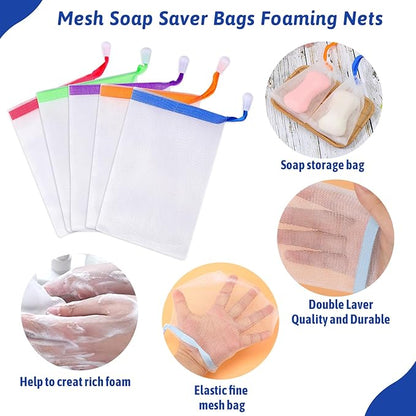 Mozeat Lens 5 PCS Soap Bags Handmade Soap Bubble Mesh Bags Exfoliating Soaps Saver Pouch Net Bag with Drawstring Body Facial Cleaning Tool for Bath & Shower (Assorted Colors)