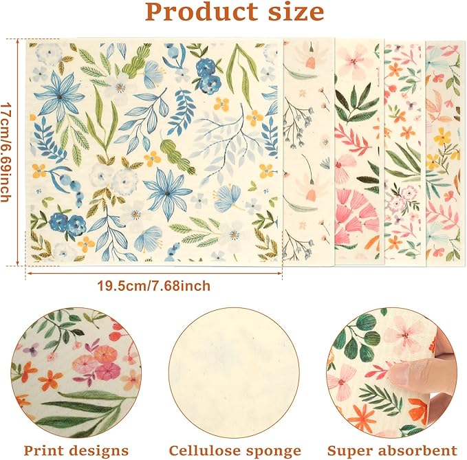 5Pcs Swedish Dishcloths for Kitchen, Quick-Drying Reusable Paper Towels, Absorbent Washable Kitchen Dish Rags, Soft Cellulose Sponge Cloths for Countertop Sink Flower Bird (5pcs Flowers)