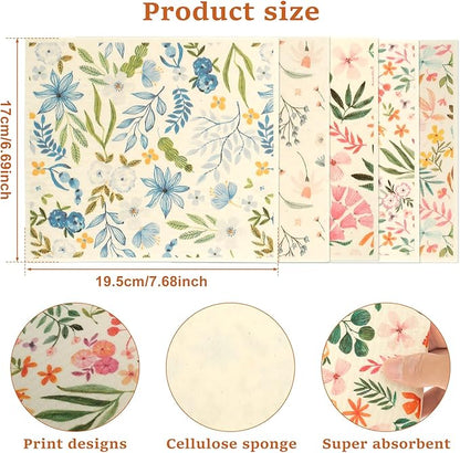 5Pcs Swedish Dishcloths for Kitchen, Quick-Drying Reusable Paper Towels, Absorbent Washable Kitchen Dish Rags, Soft Cellulose Sponge Cloths for Countertop Sink Flower Bird (5pcs Flowers)