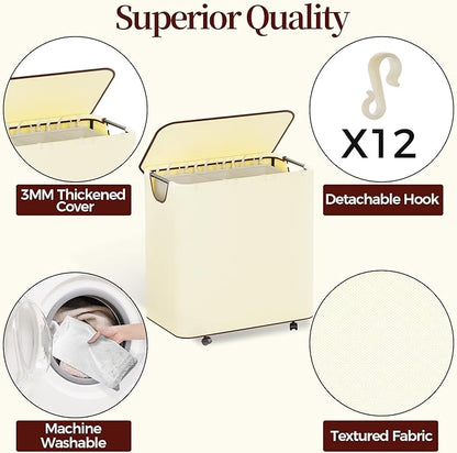 LAMU 160L Laundry Basket with Wheels, Rolling Laundry hamper with Lid and 3 Removable Laundry Bag, Beige Large Capacity 3 Section Dirty Clothes Hampers for Laundry Room, Bedroom, Bathroom, Dorm
