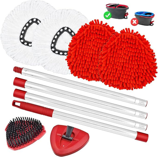 7 Packs Replacement Mop Heads& Handle Scrub Brush and Base Combo Set Compatible with O Cedar Spin Mops Refills，30-58" Mop Handle and Microfiber Head Refills for Cleaning
