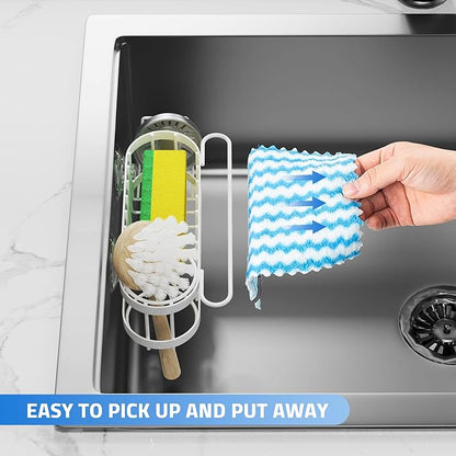 Cisily Kitchen Sink Caddy Sponge Holder in The Sink, Stainless Steel Kitchen Sink Organizer, Brush Holder, Dish Cloth Hanger, Sink Stopper Holder (Suction cup-White)
