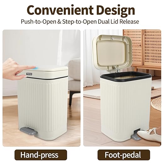 2.1 Gallon Small Trash Can with Lid, 2 Opening Ways (Press Top & Foot Pedal) Soft Close Slim Waste Bin + 75 Trash Bags Included, for Bathroom, Office, Bedroom & Kitchen - Cream