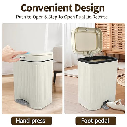 2.1 Gallon Small Trash Can with Lid, 2 Opening Ways (Press Top & Foot Pedal) Soft Close Slim Waste Bin + 75 Trash Bags Included, for Bathroom, Office, Bedroom & Kitchen - Cream