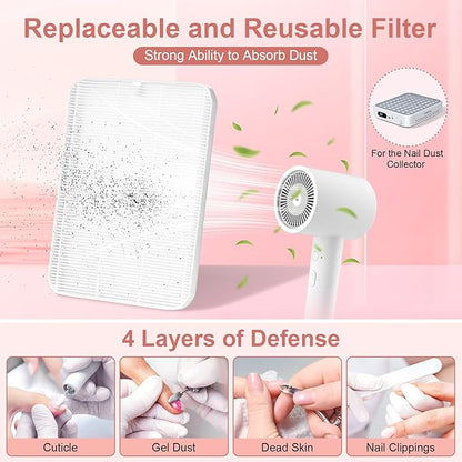 Nail Dust Collector with 2 Reusable Filters,Dust Collector Quiet for Nail Tech Art, Powerful Nail Fan and Dust Collector,Nail Vacuum Cleaner for Salon and Home (White)