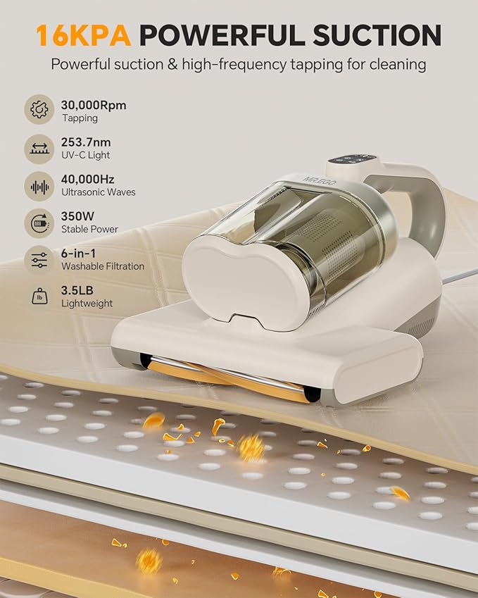 Mr.ego Mattress Vacuum Cleaner, 4-in-1 Bed Vacuum Cleaner, 16kPa Strong Suction, 253.7 nm UV-C Light & Ultrasonic, Dual Dust Cup, Wide Suction Port, Corded Handheld Vacuum for Bed, Sofa, Crib