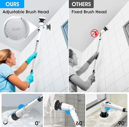 Electric Spin Scrubber, Shower Scrubber with Long Handle, Rechargeable Cordless Power Scrubber, Retractable & Adjustable Angle Spin Brush for Cleaning Bathroom/Tub/Floor/Tile (Black-White+Beige)