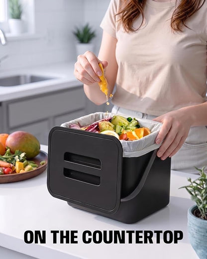 Countertop Compost Bin Kitchen, 1.8 Gallons Hanging Trash Can with Lid for Kitchen Cabinet Door, Under Sink, Wall Mounted Waste Bin for Bathroom, 7L(Black)