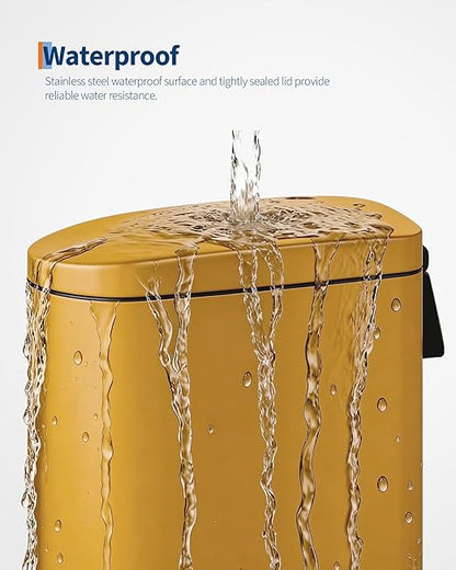 Garvee 2.6 gal / 10 L Metal Bathroom Trash Can with Lid, Slim Waterproof Garbage Can for Bedroom, Small Step-on Trash Bin with Inner Bucket, Rear Handle, Soft Close Lid, Yellow