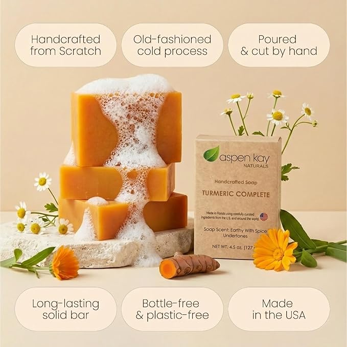 Turmeric Soap Bar for Face & Body – Handmade with Organic Shea Butter, Chamomile, Calendula – Gentle, Non-Drying Natural Face Wash for Sensitive Skin, All Skin Types, Made in USA 4.5 oz