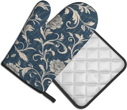 Navy Blue Oven Mitts and Pot Holders Vintage Floral Kitchen Accessories Set of 2 Teal Flowers Gloves Potholder for Chef Cooking Baking Grilling BBQ