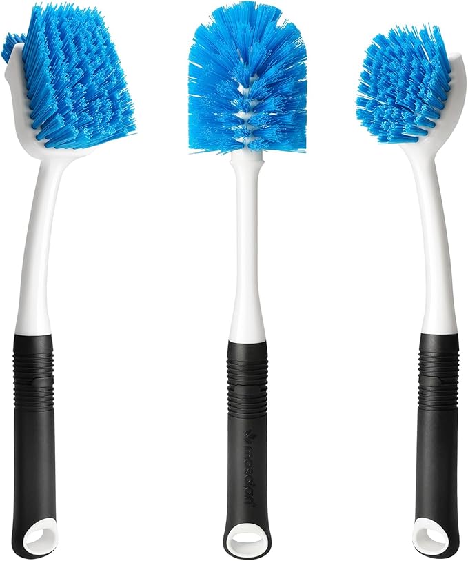 MOSOLAN Dish Brush Set of 3 with Water Bottle Brush, Dish Scrub Brush and Scrubber Brush, Long Handle Kitchen Scrub Brushes for Dishes, Bottles, Cups, Pots, Pans and Sinks, Round Head