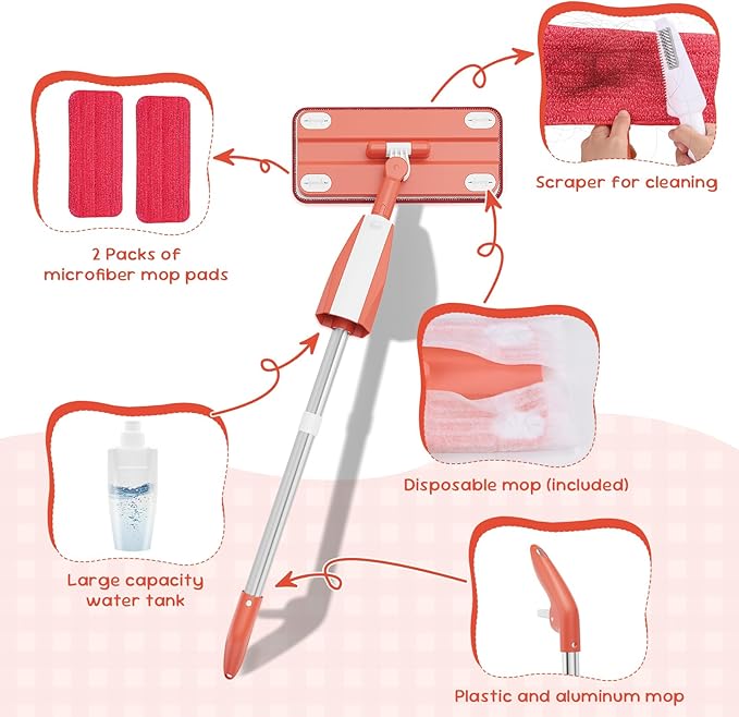 Kids Spray Mop - Chores Chart Set Montessori Cleaning Set Toy with Real Water Sprayer 2PCS Washable Pads and 10PCS Disposable Mop Pads for Ages 3-8 (Pink)