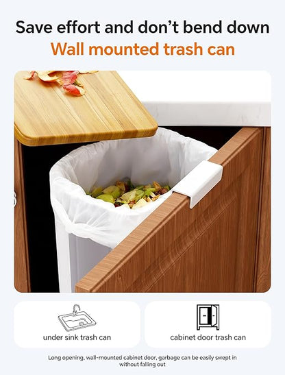 Wall Mounted Kitchen Compost Bin with Lid, Hanging Trash Can for Cabinet Door, White Plastic Food Scrap Bin for Kitchen Counter and Under Sink, 2.3 Gal Bin with 2 Pack 2 Gal Folding Hanging Trash Cans