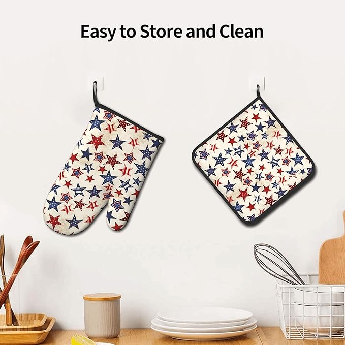 Patriotic Stars Oven Mitts - 4th of July Kitchen Mitts Pot Holders Sets of 2 Red White and Blue Hot Mitts Independence Memorial Day Hot Pads for Cooking Baking Grilling