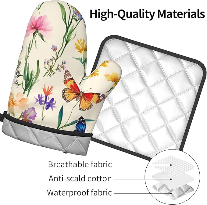 Vintage Floral Oven Mitts and Pot Holders Spring Summer Kitchen Accessories Set of 2 Wildflower Herb Flowers Gloves Potholder for Chef Cooking Baking Grilling BBQ