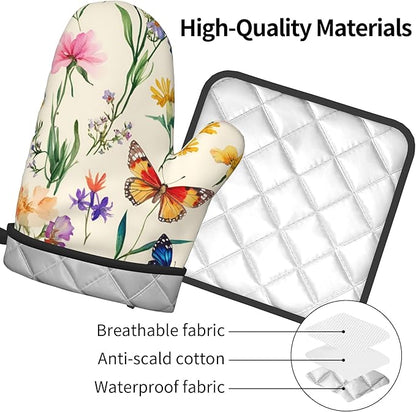 Vintage Floral Oven Mitts and Pot Holders Spring Summer Kitchen Accessories Set of 2 Wildflower Herb Flowers Gloves Potholder for Chef Cooking Baking Grilling BBQ
