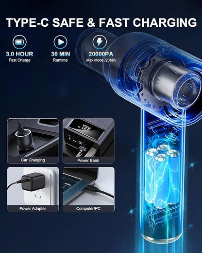 Handheld Car Vacuum Cleaner, 4-in-1 Portable Mini Vacuum with 4 Suction Modes, 21000Pa Cordless Vacuum Cleaner Rechargeable with LED Light, Type-C Charge for Car, Home, Office, Pet Hair, Keyboard