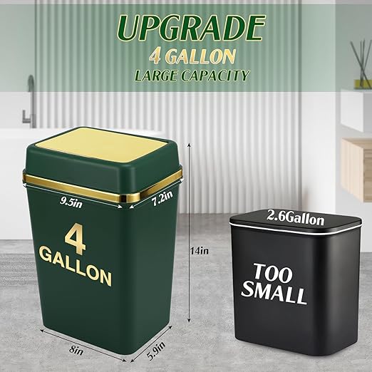 Bathroom Trash Can with Lid 4 Gallon Trash Can with Swing Lid Dark Green Small Garbage Can Bathroom Garbage Can with 150 Counts Trash Bags for Kitchen Bedroom Office