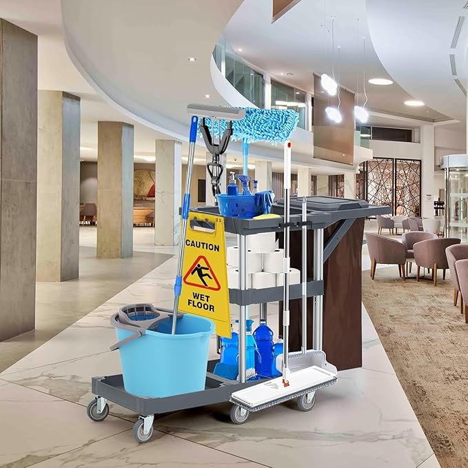 Commercial 3-Shelf Janitorial Cart with 2 Cabinets/Shelves, Commercial Traditional Wheeled Cleaning Cart with Cover and Oxford Bag, 300 Lb Capacity, Suitable for Schools, Hotels, Apartments