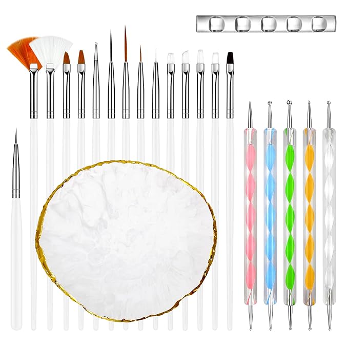 MUIIGOOD White Nail Art Brush 22 Pcs Set, 2 Head Acrylic Silicone Engraving Dotting Pen Tools Dust Brush, Striping Liner Drawing Pens, Resin Palette, for Nail Art DIY Home Salon Makeup Display Board