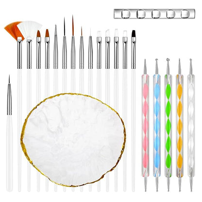 MUIIGOOD White Nail Art Brush 22 Pcs Set, 2 Head Acrylic Silicone Engraving Dotting Pen Tools Dust Brush, Striping Liner Drawing Pens, Resin Palette, for Nail Art DIY Home Salon Makeup Display Board