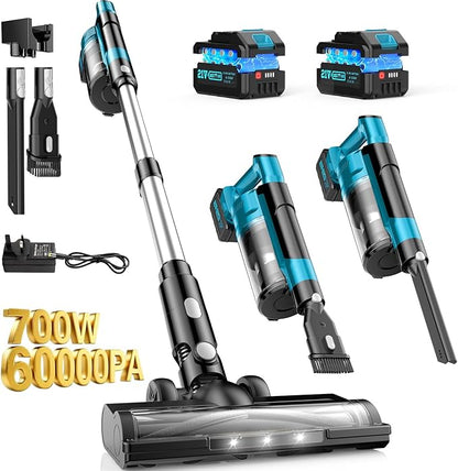 700W Cordless Vacuum Cleaners for Home with 2*Battery 8000mAh,Brushless Rechargeable Stick Vacuum with 3 Mode, 6 in 1 Portable Handheld Cordless Vacuum for Pet Hair/Hardwood Floor/Dorm (Blue)