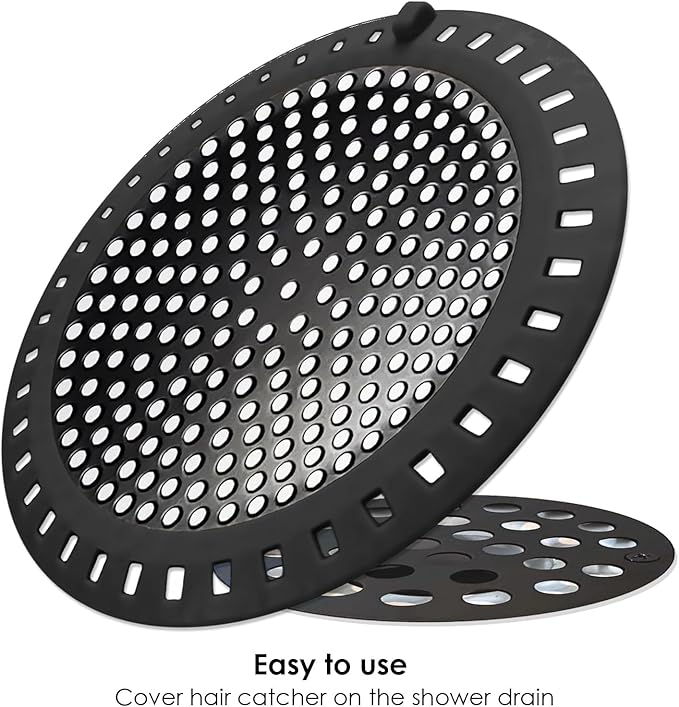 Seatery 2PCS Shower Hair Drain Catcher/Strainer/Cover/Filter/Trap, Hair Stopper Floor Drain, Stainless Steel with Silicone Edge Drain Protector, Black, 4.75 Inch Diameter