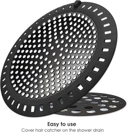 Seatery 2PCS Shower Hair Drain Catcher/Strainer/Cover/Filter/Trap, Hair Stopper Floor Drain, Stainless Steel with Silicone Edge Drain Protector, Black, 4.75 Inch Diameter