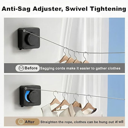 13.8ft(4.2M) Retractable Clothesline, Non-sag Clothesline, Indoor & Outdoor Heavy Duty Retractable Clothesline, Wall Mounted Stainless Steel Washing Line (Black)
