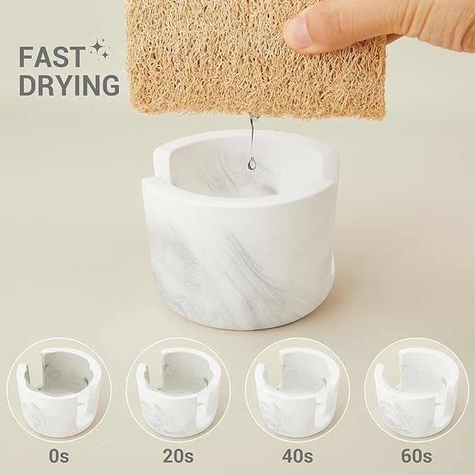 Diatomite Sponge Holder for Kitchen Sink Counter, Quick Drying, Fast Water Absorbent Stone Tray, 1 Slot Dish Sponge Rack, Kitchen Organizer, White Marble Pattern