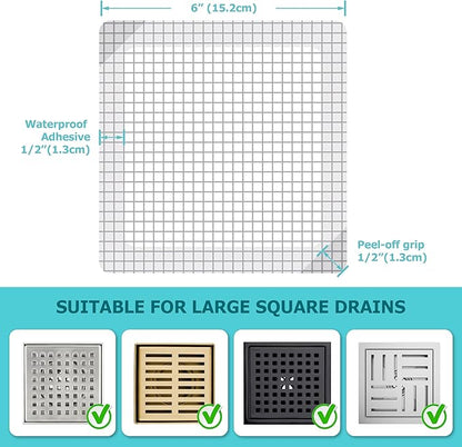 25 Pack Disposable Shower Drain Hair Catcher Mesh Stickers - Peel & Stick Drain Strainers to Prevent Clogs, Strong Waterproof Adhesive, Mess-Free Disposable Drain Covers for Shower, 6 inch, Square