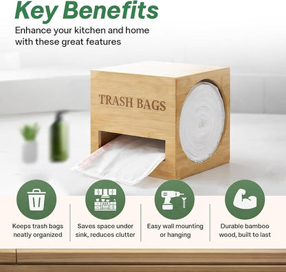 Trash bag holder dispenser | Bamboo garbage bag holder dispenser for Under Sink Storage | Wall Mount trash bag holder | Portable Hanging Organizer for Kitchen & Utility Use
