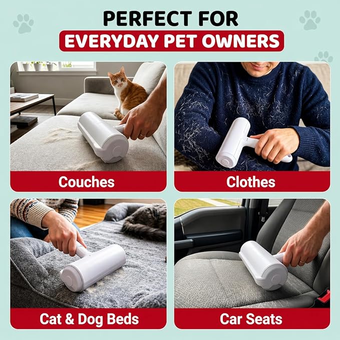 Pet Hair Remover Roller with 2 Grooming Gloves – Reusable Lint Remover for Dogs and Cats (Red)