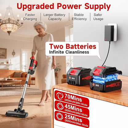 60kPa Cordless Vacuum Cleaner, 8000mAh Brushless Pet Vacuum, 6 in 1 Lightweight Stick Vacuum with 2L Dust Cup, 3 Suction Modes, 700W Portable Handheld Cordless Vacuum for Pet Hair/Hardwood Floor/Dorm