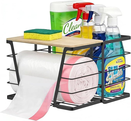 2 in 1 Trash Bag Dispenser Under Sink, Large Garbage Bag Roll Holder with Bamboo Lid, Fits 13/30/33 Gal Bags, Open Back Storage for Tall Bottles, for Kitchen Cabinet, Bathroom, Laundry Room(Black)
