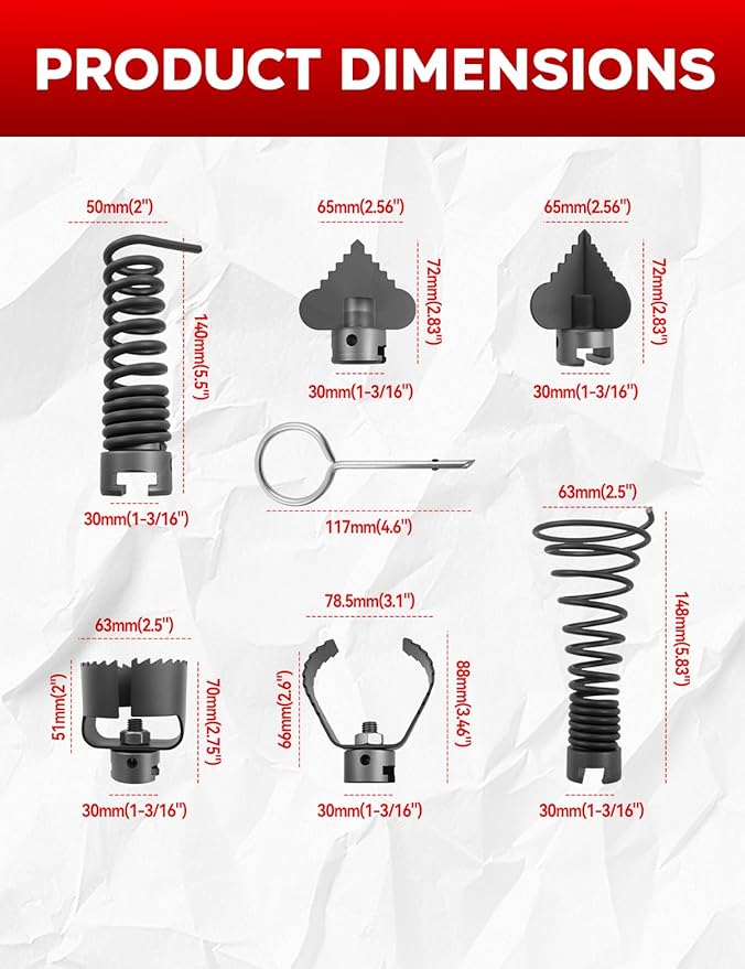 6PCS 30mm Drain Cleaning Attachment Set Fit for K-60SP/ K-60SE/ K-750/ RID-GID C-7 C-8 C-8IC C-9 C-10 C-10IC Cables, Fit for Cables with 5/8" to 7/8"