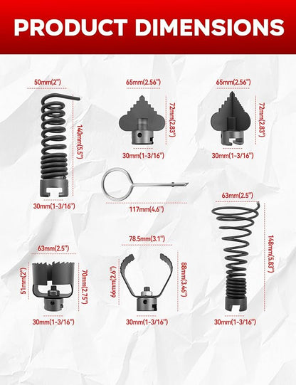 6PCS 30mm Drain Cleaning Attachment Set Fit for K-60SP/ K-60SE/ K-750/ RID-GID C-7 C-8 C-8IC C-9 C-10 C-10IC Cables, Fit for Cables with 5/8" to 7/8"