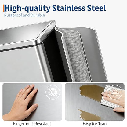 Dual 2 x 8 gal (2 x 30L) Stainless Steel Trash Can with Recycling Bin, Soft-Close Lid, Foldable Anti-Slip Step-on Pedal, Stainless Steel Handle, Removable Plastic Inner Buckets for Kitchen or Office