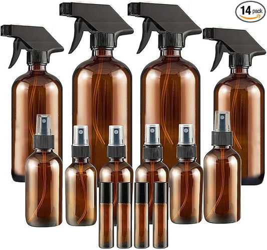 14 Pack amber glass bottle Set,Empty Boston Round Bottles with Adjustable Nozzle,Multi Size and Versatile(16oz,8oz,4oz,2oz,1oz) x 2, 10 ml Roller Bottle x 4 with Labels