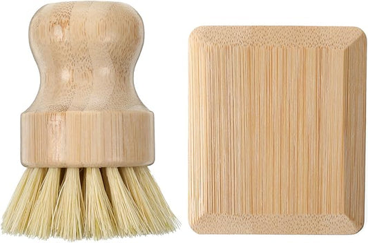 2Pcs Bamboo Cast Iron Brush Set, Wooden Dish Scrub Pan Scraper, Eco-Friendly Kitchen Scrub Brush for Household Cleaning, Cast Iron Skillets, Cookware, Dishes, Pans and Pots