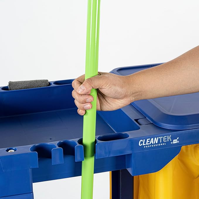 Restaurantware-Clean Tek Professional Janitor Cart with Wheels, 1 Cleaning Trolley with Cover and 18 Gallon Bag - 3 Shelves, Heavy-Duty, Blue Plastic Commercial Janitorial Cart, for Restaurants