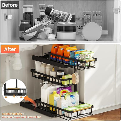 Under Sink Organizer and Storage for Bathroom and Kitchen - 1 Pack 3 Tier Under Cabinet Pull Out Shelf Organizers - Slide Out Drawer Organization for Home Cabinets Shelves and Drawers