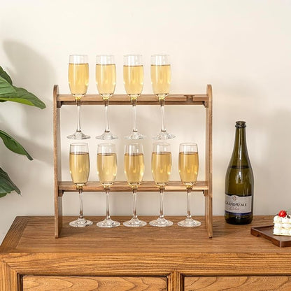 MyGift 2 Tier Champage Glass Holder, Cocktail Tree Stand for Drinks, Tabletop Wine Beer Flute Rack Party Stemware Hanging Display, 10 Slots for 9 Inch Glasses, Rustic Premium Solid Acacia Wood