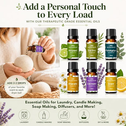 Essential Oils for Laundry, Dryer Balls & Diffusers | 60ml | 6 Pack of the Most Sought-After Scents for Aromatherapy, Lavender, Tea Tree, Eucalyptus, Bergamot, Lemon & Chamomile