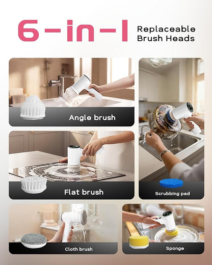 PUFTEM Electric Spin Scrubber for Bathroom Cleaning, Cordless Shower Scrubber with 6 Brush Heads, Dual-Direction Rotation, Handheld Cleaning Brush for Grout, Tile, Tub, Sink & Corners, White