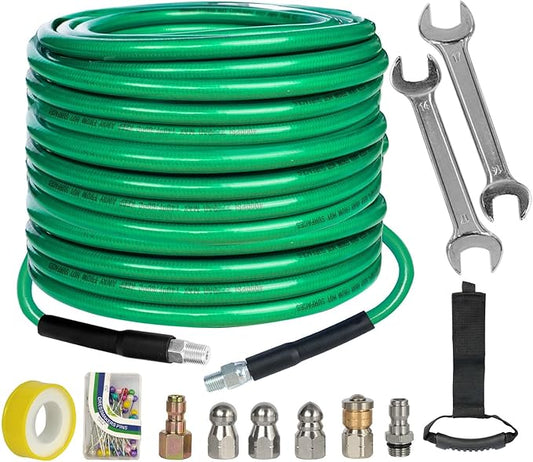 Hourleey Sewer Jetter Kit for Pressure Washer 100FT, 4000 PSI Drain Cleaner Hose 1/4 Inch NPT, Corner Rotating and Button Hose Sewer Jetting Nozzle Pearl Corsage Pin Tape Handle Strap Spanner, Green
