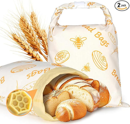 2-Pack Reusable Beeswax Bread Bags for Homemade Sourdough | XL 17x12 Inch Cotton Food Storage Bag Keeps Fresh Longer | Breathable Eco-Friendly Wrap for Boules & Loaves
